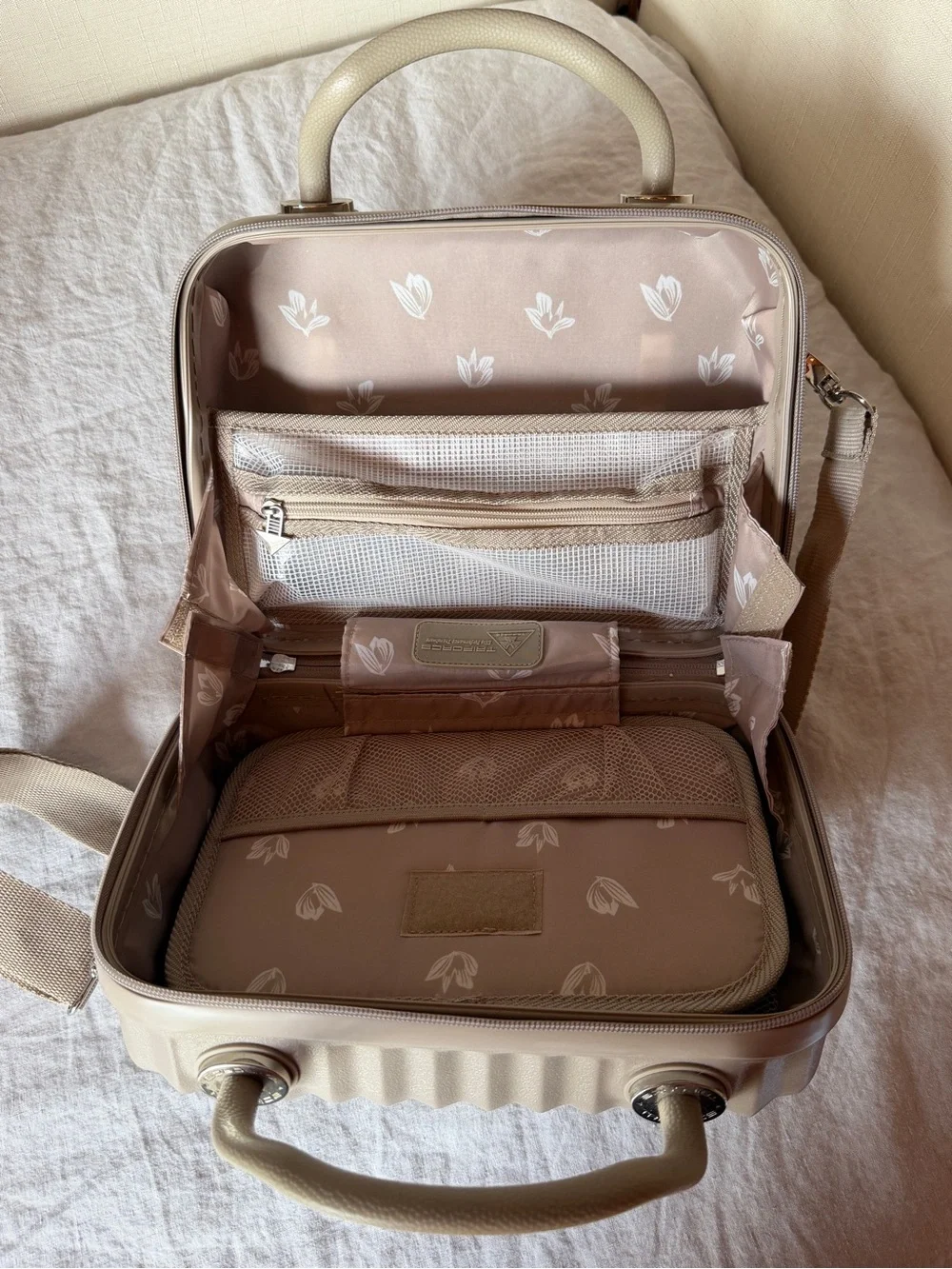 Textured Taupe Hard-Shell Cosmetic Case with Shoulder Strap